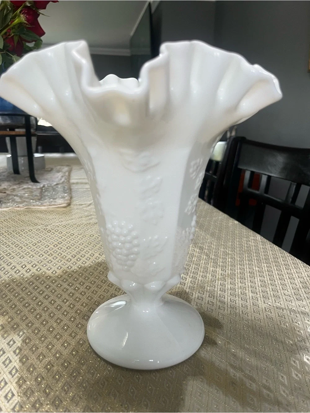 White Ruffled Pedestal Milk Glass Vase - Classic Home Accent